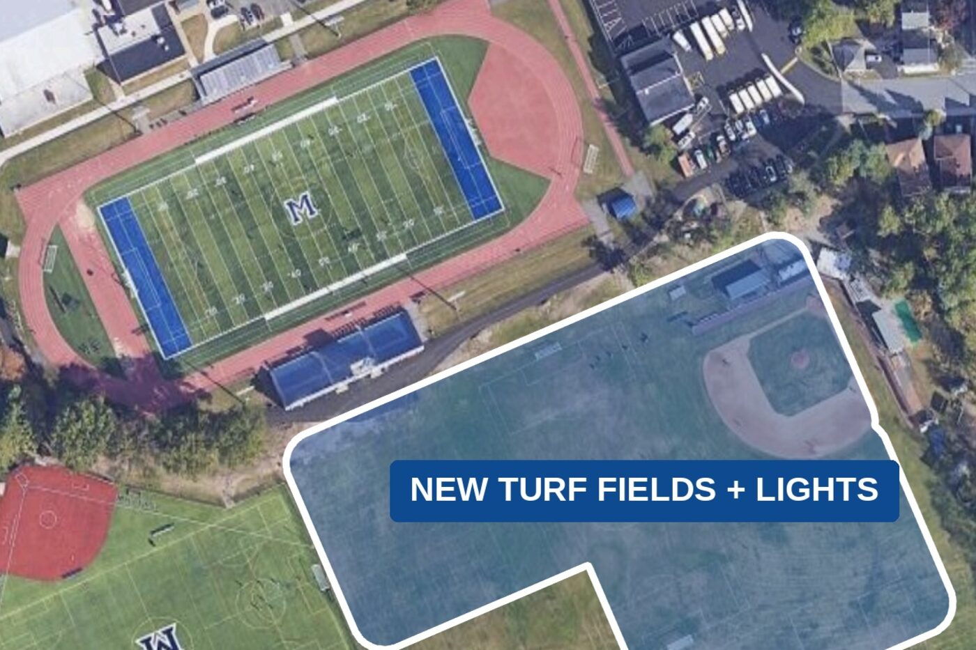 Aerial view of the Millburn High School athletic complex, with the new turf field area outlined